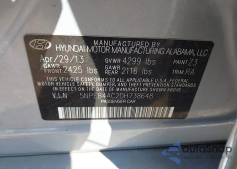 2013 Hyundai Sonata Gls z USA, uszkodzony, nr VIN 5NPEB4AC2DH738648